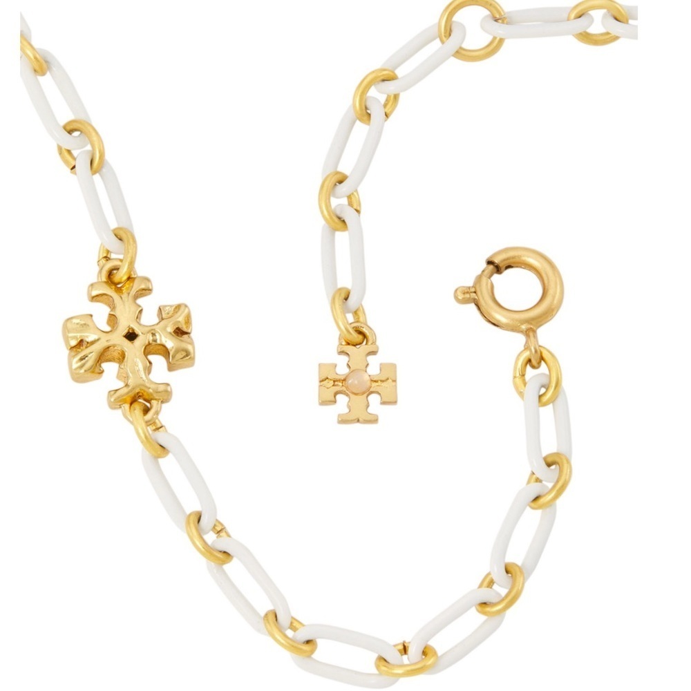 🆕 Tory Burch Authentic Roxanne Gold-Plated & Ivory Acrylic Logo Chain Bracelet - Picture 4 of 6
